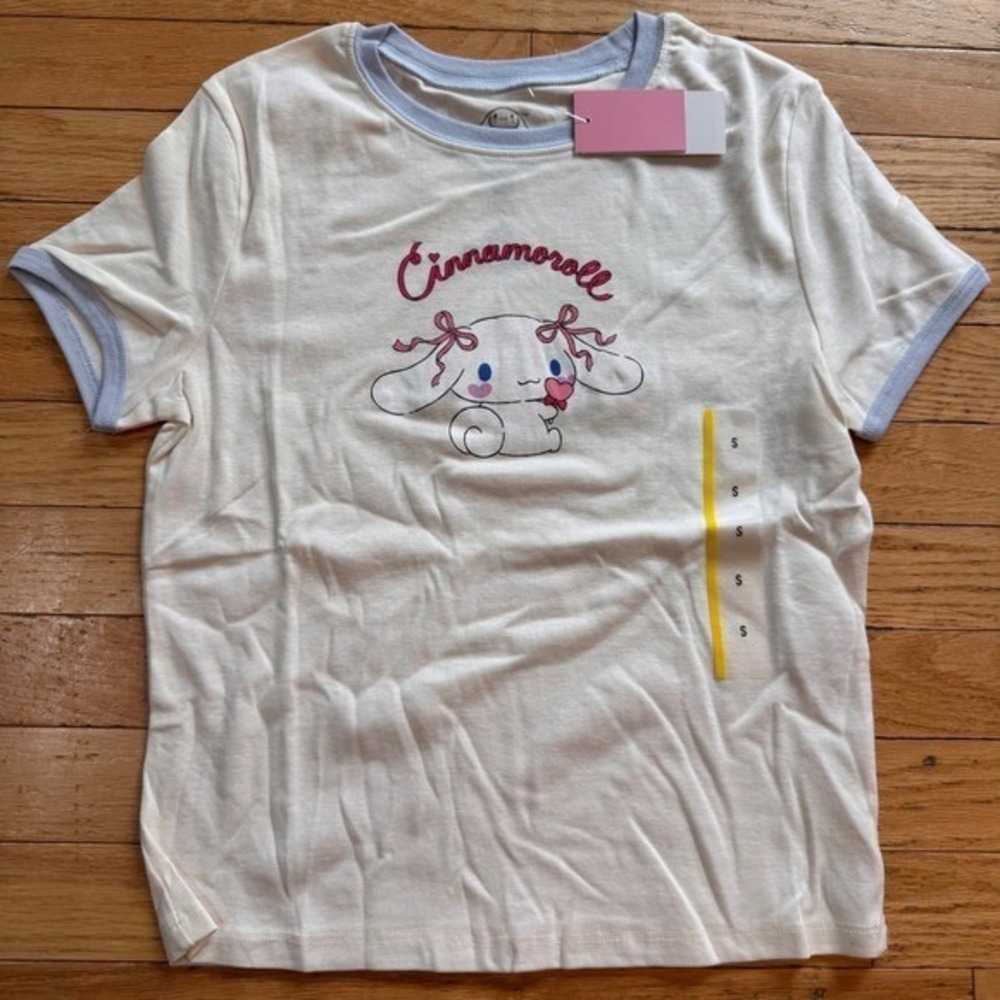 Sanrio Cinnamoroll Ringer Tee Whisper White Blue Graphic T-Shirt Small NEW